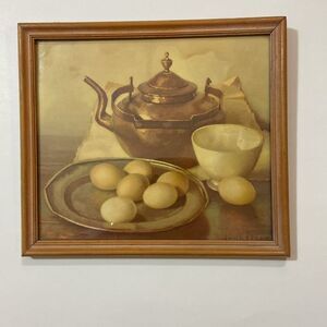 Henk Bos Vintage Still Life Painting with Teapot and Eggs